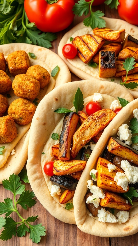 Delicious Pita Bread Fillings Assorted pita bread filled with falafel, grilled chicken, and roasted vegetables on a colorful platter.